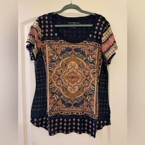 Lucky Brand Women's Navy and Pink Patterned Tee